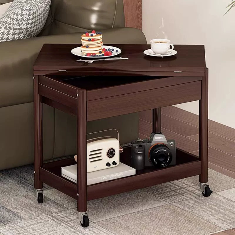 Traditional Chinese Rectangular Nan Bamboo Solid Wood Plywood Foldable Movable Coffee Table 2-Tier For Living Room