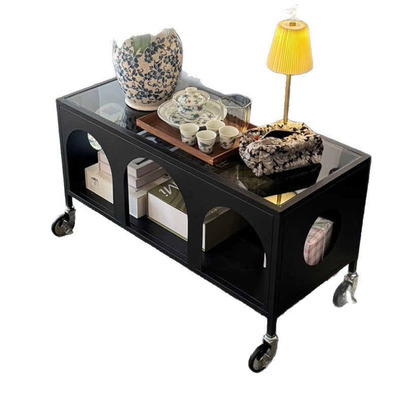 Modern Minimalist Rectangular Tempered Glass Iron Movable End Table 2-Tier For Living Room