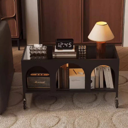 Modern Minimalist Rectangular Tempered Glass Iron Movable End Table 2-Tier For Living Room