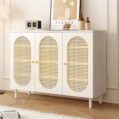 Modern Minimalist Rectangular Rattan Glass MDF Solid Wood Eco Board Weaving Shoe Storage 4-Tier For Entryways