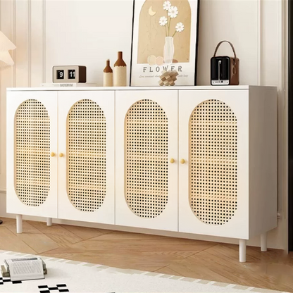 Modern Minimalist Rectangular Rattan Glass MDF Solid Wood Eco Board Weaving Shoe Storage 4-Tier For Entryways