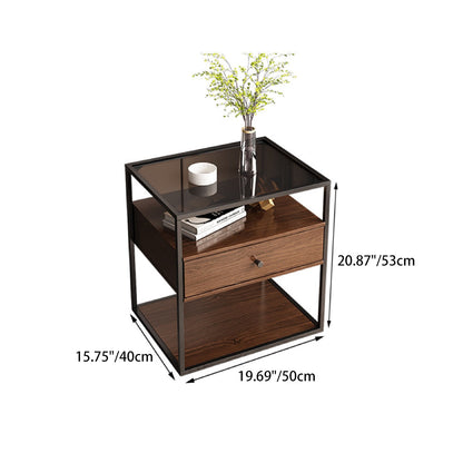 Contemporary Retro Square Rectangular Glass MDF Iron Nightstand 1/2-Drawer For Bedroom