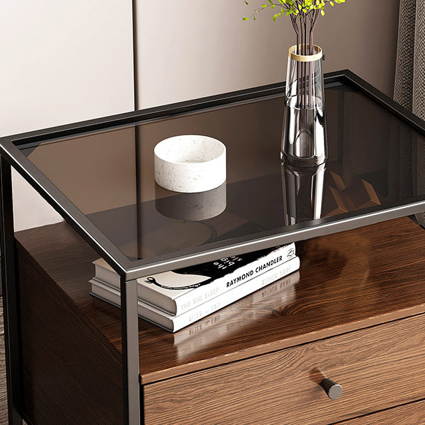 Contemporary Retro Square Rectangular Glass MDF Iron Nightstand 1/2-Drawer For Bedroom