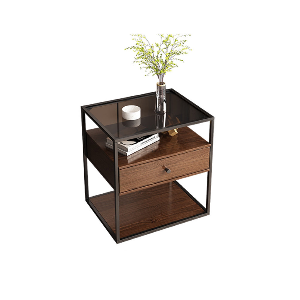 Contemporary Retro Square Rectangular Glass MDF Iron Nightstand 1/2-Drawer For Bedroom