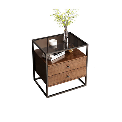 Contemporary Retro Square Rectangular Glass MDF Iron Nightstand 1/2-Drawer For Bedroom