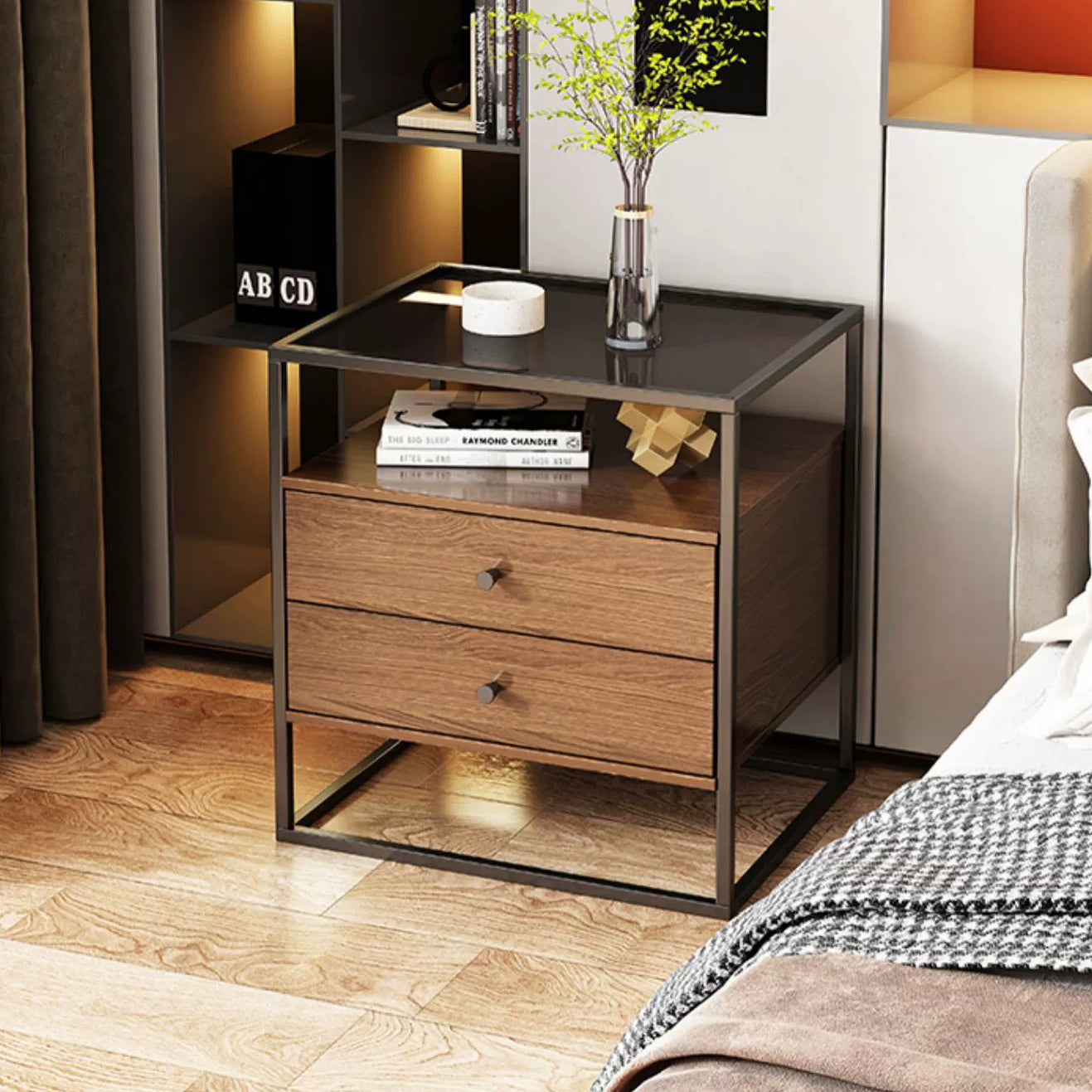 Contemporary Retro Square Rectangular Glass MDF Iron Nightstand 1/2-Drawer For Bedroom
