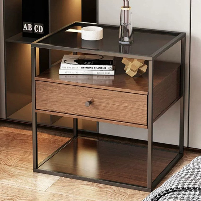 Contemporary Retro Square Rectangular Glass MDF Iron Nightstand 1/2-Drawer For Bedroom
