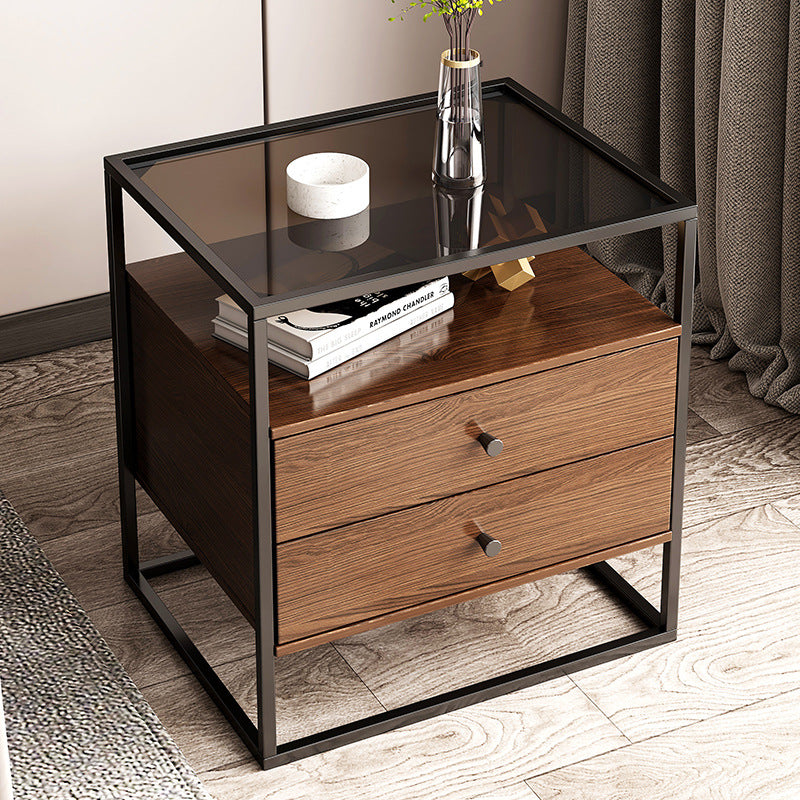 Contemporary Retro Square Rectangular Glass MDF Iron Nightstand 1/2-Drawer For Bedroom