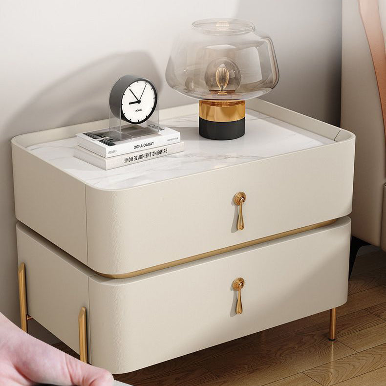 Contemporary Luxury Square Rectangular Stone Slab Microfiber Leather Solid Wood Plywood Pine Wood Nightstand 2-Drawer For Bedroom
