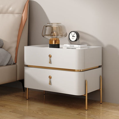 Contemporary Luxury Square Rectangular Stone Slab Microfiber Leather Solid Wood Plywood Pine Wood Nightstand 2-Drawer For Bedroom