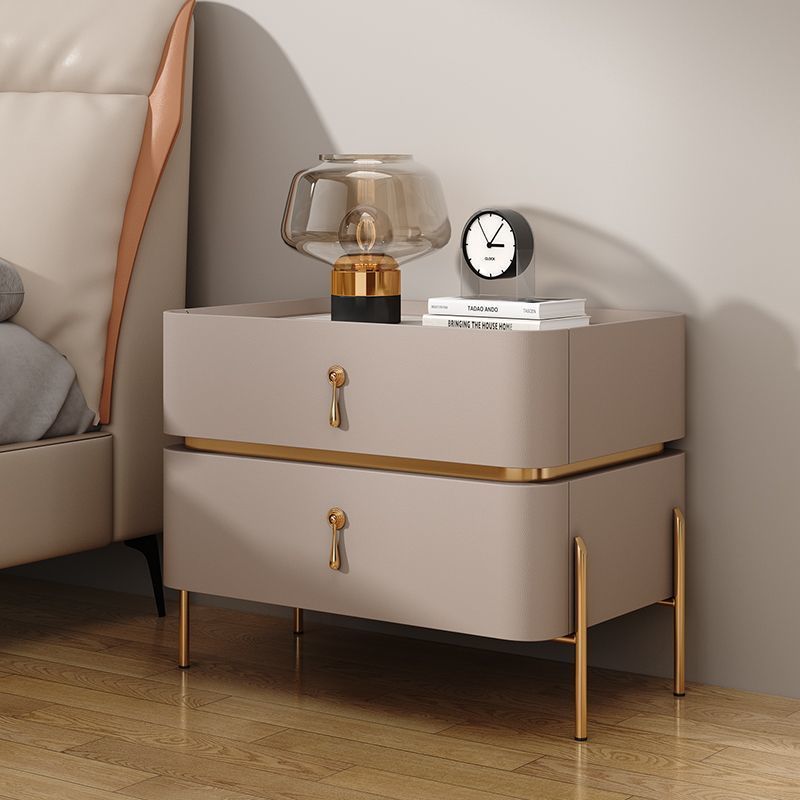 Contemporary Luxury Square Rectangular Stone Slab Microfiber Leather Solid Wood Plywood Pine Wood Nightstand 2-Drawer For Bedroom