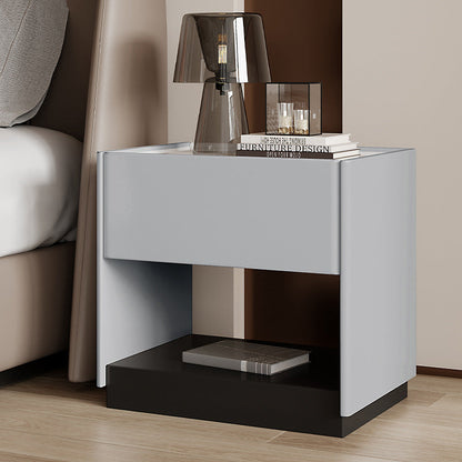 Modern Minimalist Square Rectangular Stone Slab Solid Wood Plywood Pine Wood Nightstand 1-Drawer For Bedroom
