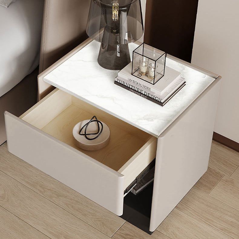 Modern Minimalist Square Rectangular Stone Slab Solid Wood Plywood Pine Wood Nightstand 1-Drawer For Bedroom