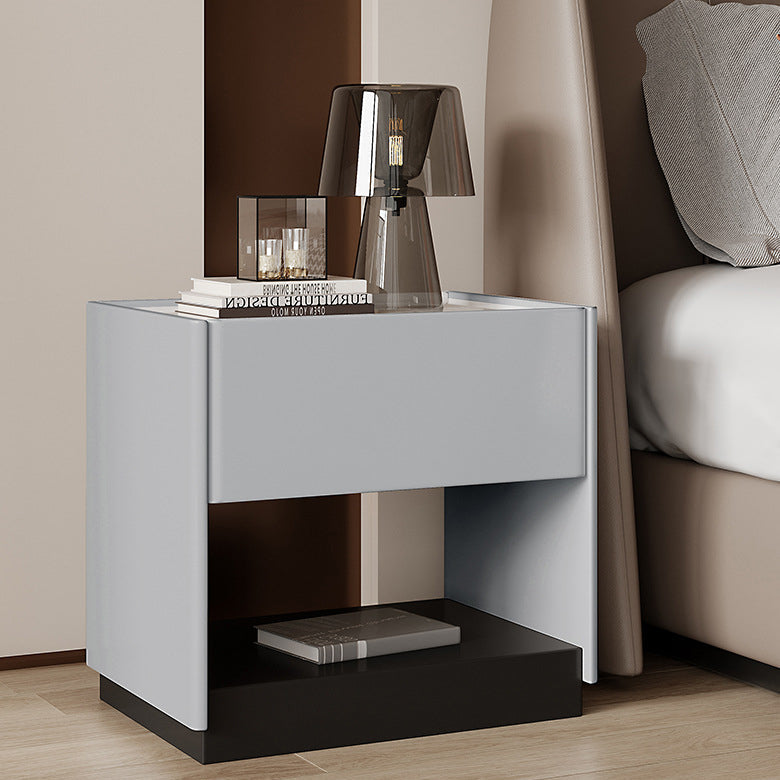 Modern Minimalist Square Rectangular Stone Slab Solid Wood Plywood Pine Wood Nightstand 1-Drawer For Bedroom
