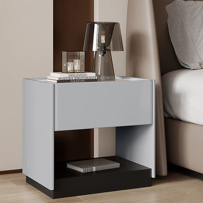 Modern Minimalist Square Rectangular Stone Slab Solid Wood Plywood Pine Wood Nightstand 1-Drawer For Bedroom