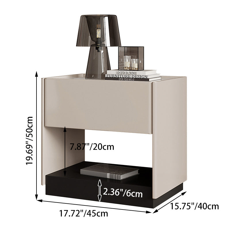 Modern Minimalist Square Rectangular Stone Slab Solid Wood Plywood Pine Wood Nightstand 1-Drawer For Bedroom