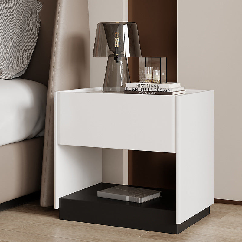 Modern Minimalist Square Rectangular Stone Slab Solid Wood Plywood Pine Wood Nightstand 1-Drawer For Bedroom