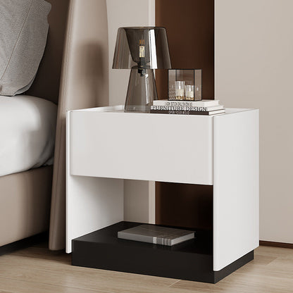 Modern Minimalist Square Rectangular Stone Slab Solid Wood Plywood Pine Wood Nightstand 1-Drawer For Bedroom