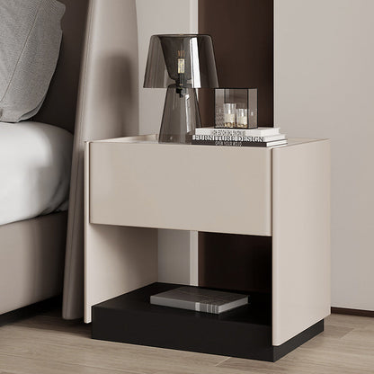 Modern Minimalist Square Rectangular Stone Slab Solid Wood Plywood Pine Wood Nightstand 1-Drawer For Bedroom