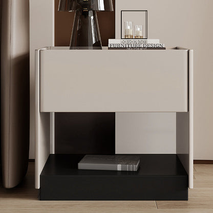 Modern Minimalist Square Rectangular Stone Slab Solid Wood Plywood Pine Wood Nightstand 1-Drawer For Bedroom