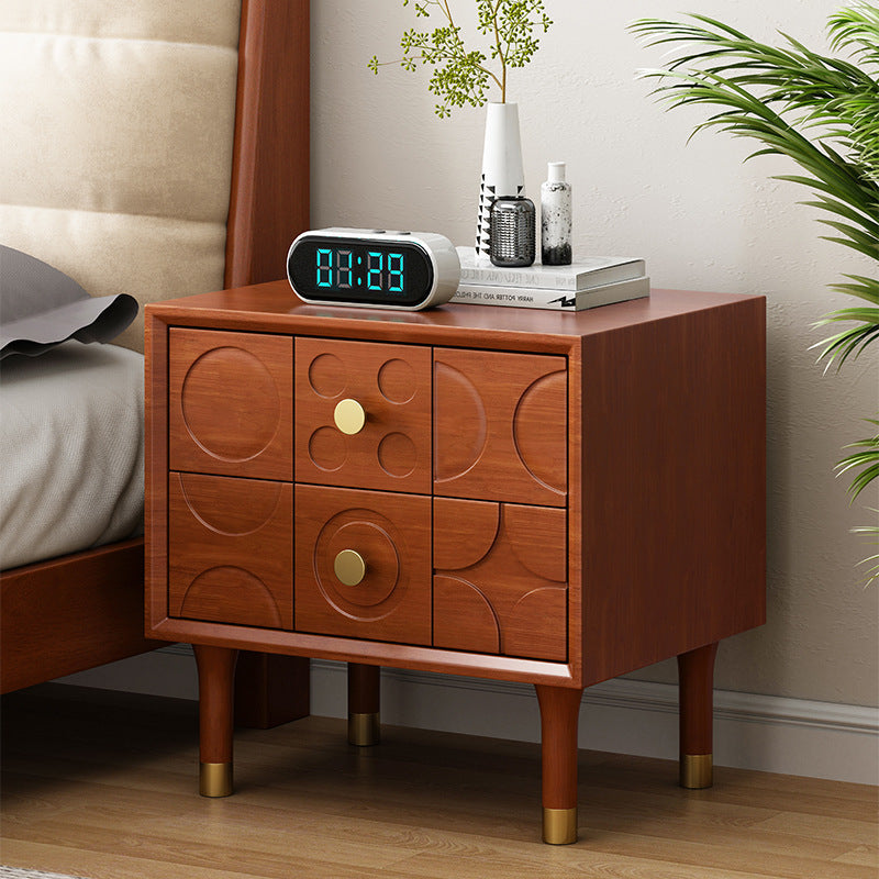 Contemporary Retro Square Rectangular Rubberwood Solid Wood Plywood Nightstand 2-Drawer For Bedroom