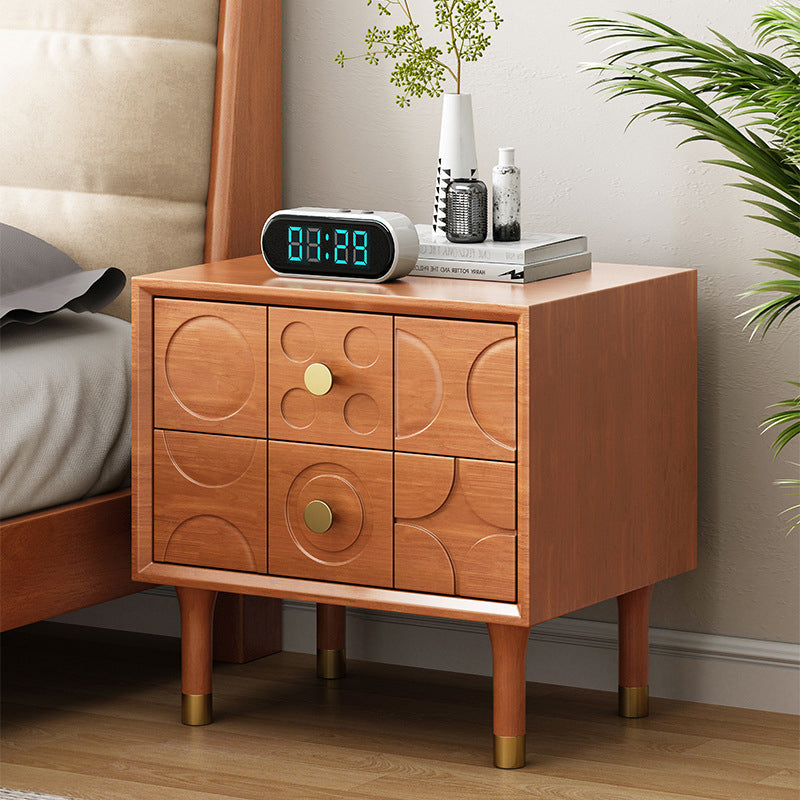 Contemporary Retro Square Rectangular Rubberwood Solid Wood Plywood Nightstand 2-Drawer For Bedroom