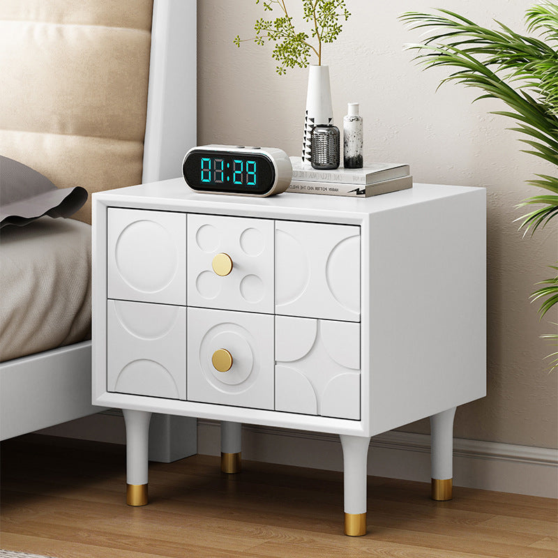 Contemporary Retro Square Rectangular Rubberwood Solid Wood Plywood Nightstand 2-Drawer For Bedroom