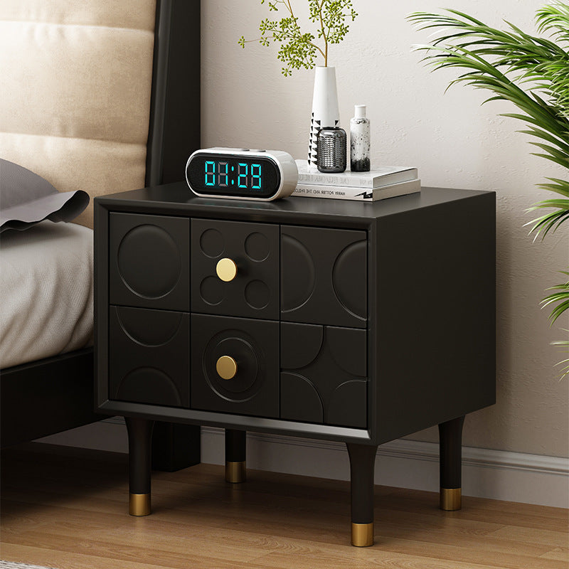 Contemporary Retro Square Rectangular Rubberwood Solid Wood Plywood Nightstand 2-Drawer For Bedroom