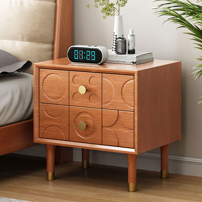 Contemporary Retro Square Rectangular Rubberwood Solid Wood Plywood Nightstand 2-Drawer For Bedroom