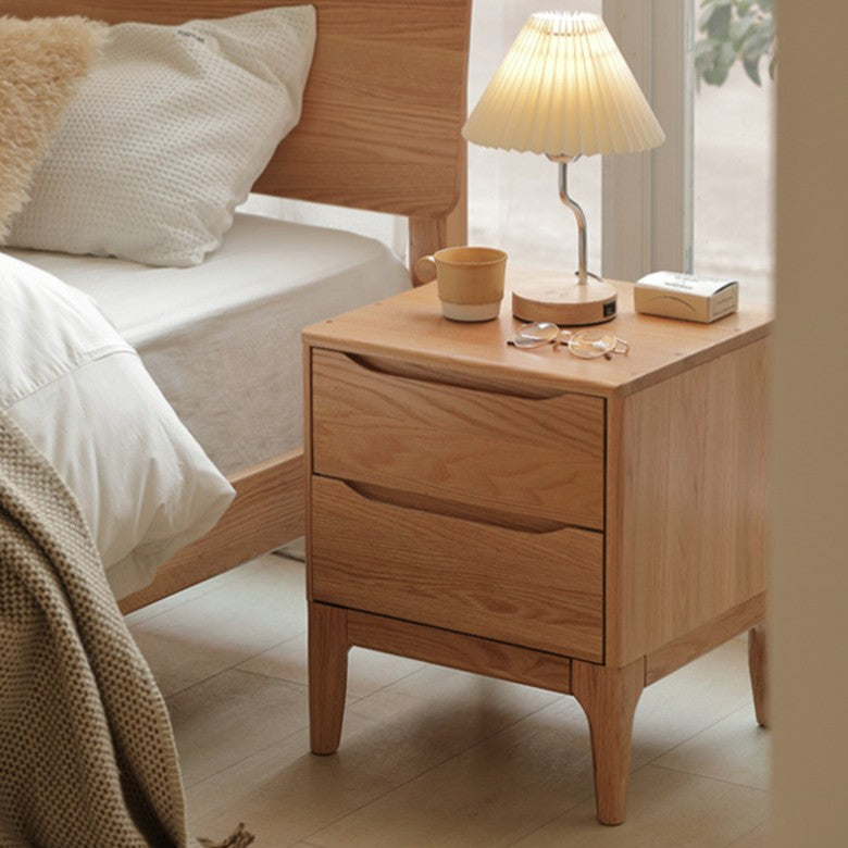 Modern Minimalist Square Rectangular Oak Wood Paulownia Wood Nightstand 2-Drawer For Bedroom