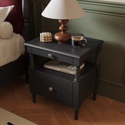 Contemporary Retro Square Rectangular Ash Wood Rubberwood Solid Wood Plywood Nightstand 2-Drawer For Bedroom