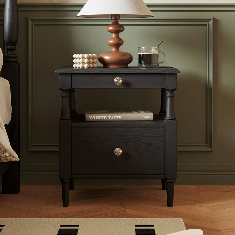 Contemporary Retro Square Rectangular Ash Wood Rubberwood Solid Wood Plywood Nightstand 2-Drawer For Bedroom