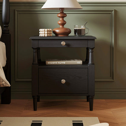 Contemporary Retro Square Rectangular Ash Wood Rubberwood Solid Wood Plywood Nightstand 2-Drawer For Bedroom
