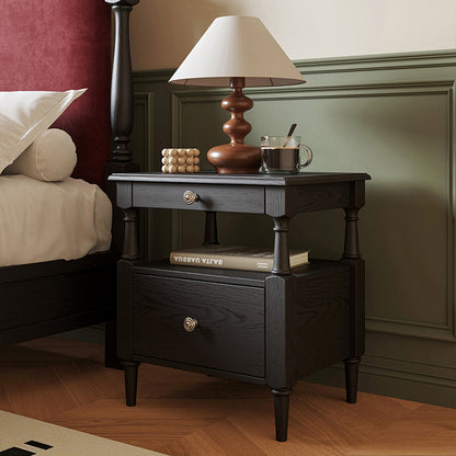 Contemporary Retro Square Rectangular Ash Wood Rubberwood Solid Wood Plywood Nightstand 2-Drawer For Bedroom