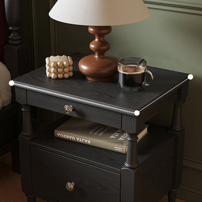 Contemporary Retro Square Rectangular Ash Wood Rubberwood Solid Wood Plywood Nightstand 2-Drawer For Bedroom