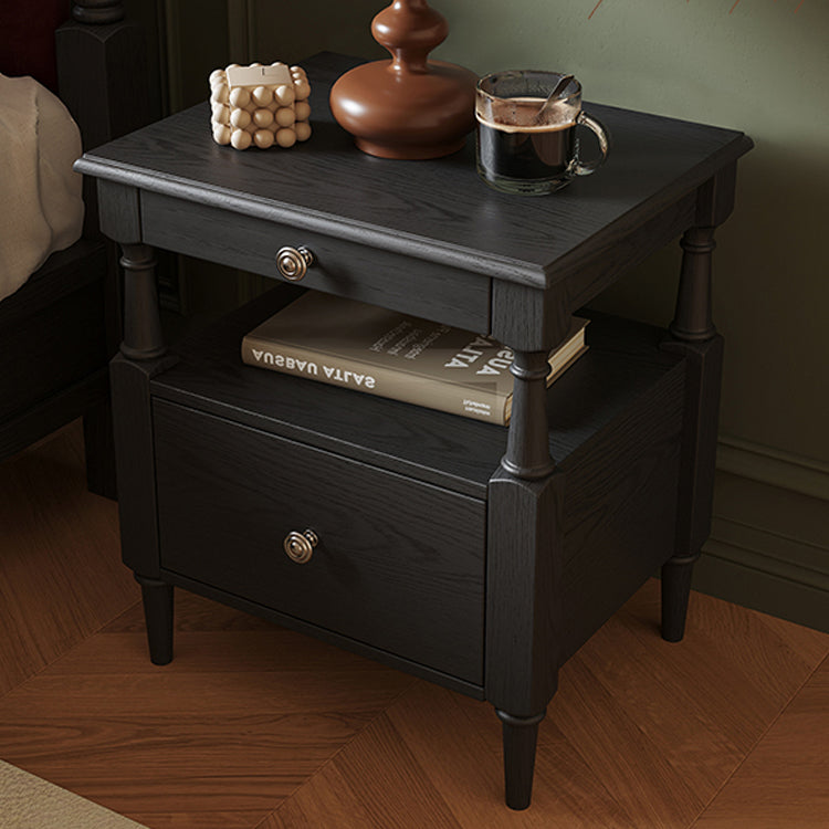 Contemporary Retro Square Rectangular Ash Wood Rubberwood Solid Wood Plywood Nightstand 2-Drawer For Bedroom