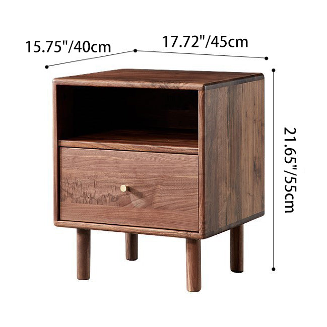 Traditional Vintage Square Rectangular Walnut Nightstand 1-Drawer For Bedroom