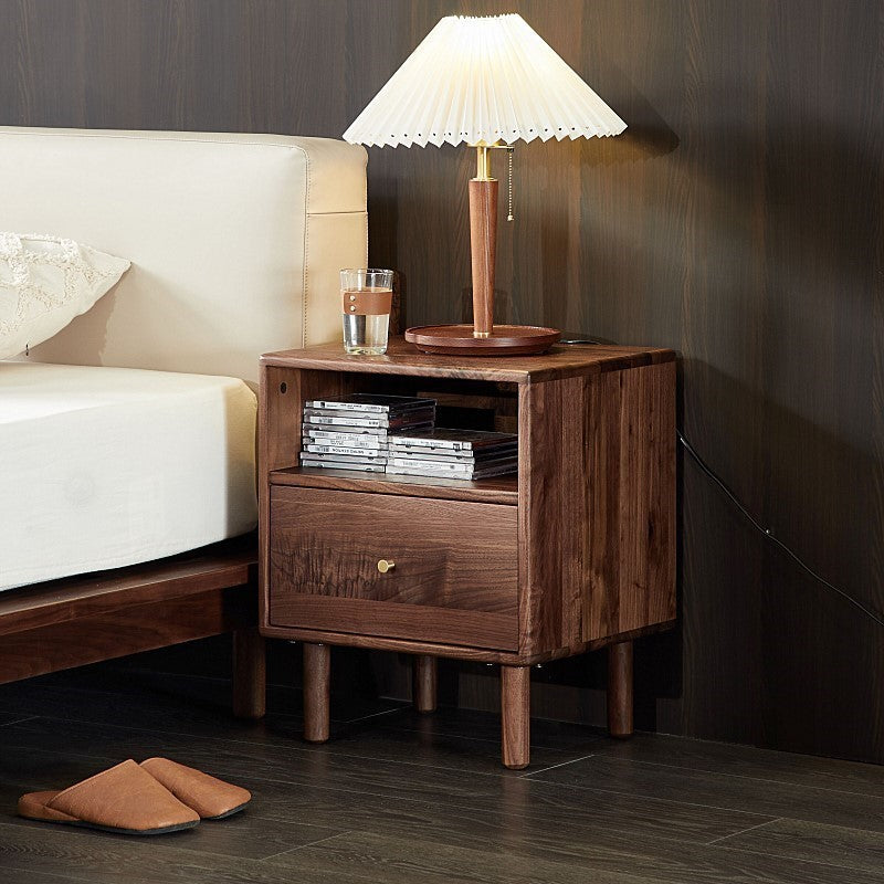 Traditional Vintage Square Rectangular Walnut Nightstand 1-Drawer For Bedroom