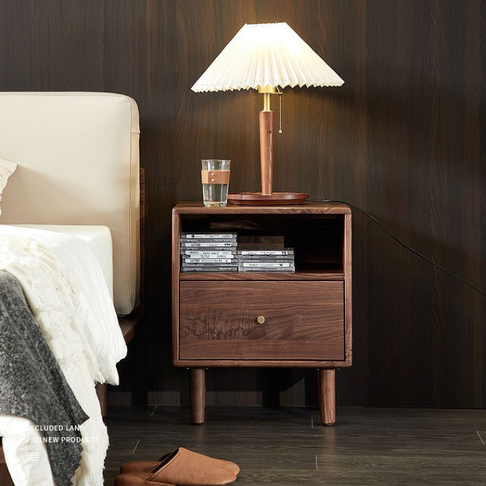 Traditional Vintage Square Rectangular Walnut Nightstand 1-Drawer For Bedroom