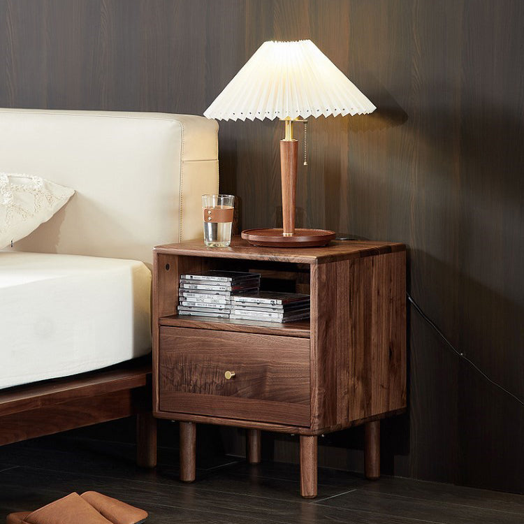 Traditional Vintage Square Rectangular Walnut Nightstand 1-Drawer For Bedroom