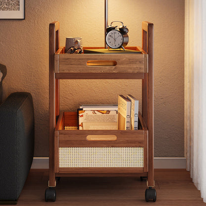 Traditional Chinese Rectangular Nan Bamboo MDF Plastic Rattan Weaving Movable End Table 2-Tier For Living Room
