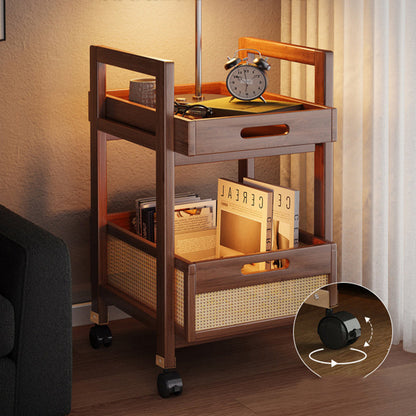Traditional Chinese Rectangular Nan Bamboo MDF Plastic Rattan Weaving Movable End Table 2-Tier For Living Room
