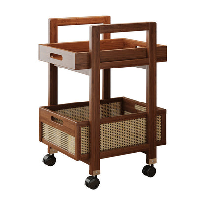 Traditional Chinese Rectangular Nan Bamboo MDF Plastic Rattan Weaving Movable End Table 2-Tier For Living Room