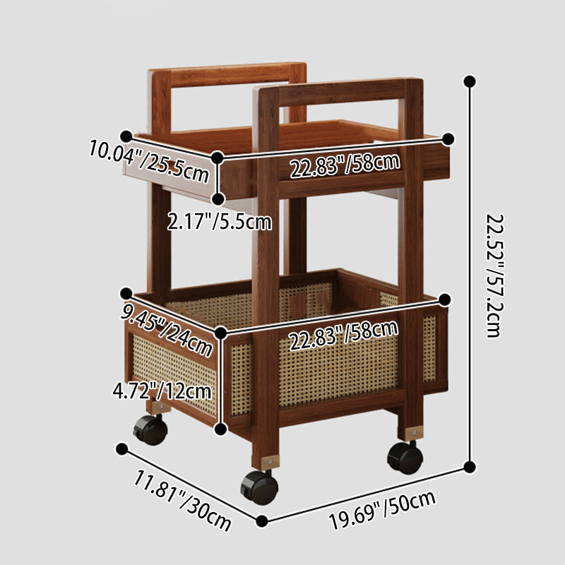 Traditional Chinese Rectangular Nan Bamboo MDF Plastic Rattan Weaving Movable End Table 2-Tier For Living Room