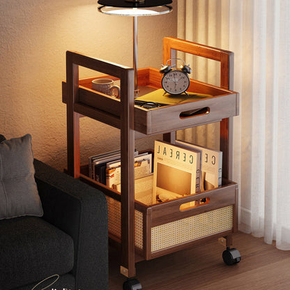 Traditional Chinese Rectangular Nan Bamboo MDF Plastic Rattan Weaving Movable End Table 2-Tier For Living Room