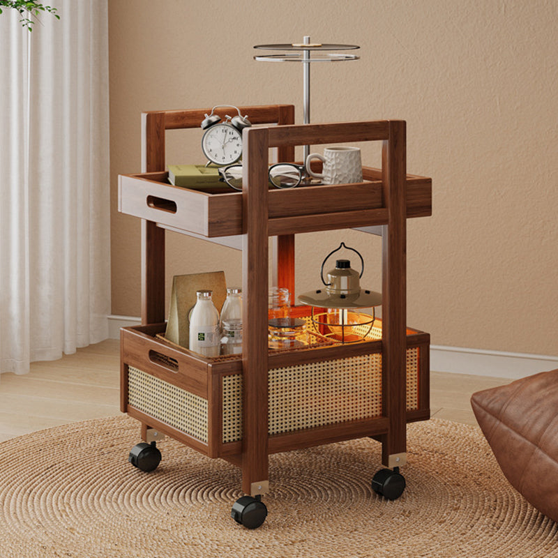Traditional Chinese Rectangular Nan Bamboo MDF Plastic Rattan Weaving Movable End Table 2-Tier For Living Room