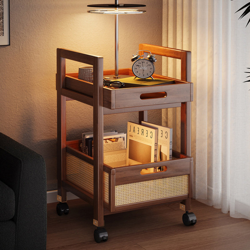 Traditional Chinese Rectangular Nan Bamboo MDF Plastic Rattan Weaving Movable End Table 2-Tier For Living Room