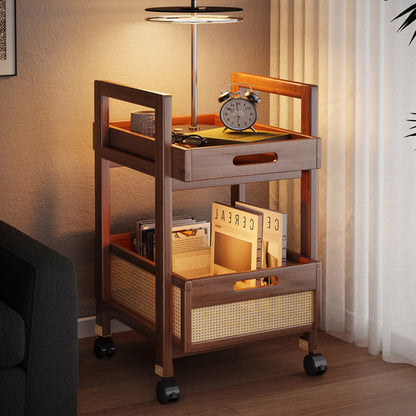 Traditional Chinese Rectangular Nan Bamboo MDF Plastic Rattan Weaving Movable End Table 2-Tier For Living Room