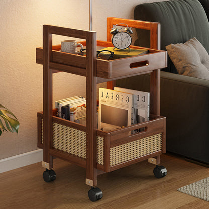 Traditional Chinese Rectangular Nan Bamboo MDF Plastic Rattan Weaving Movable End Table 2-Tier For Living Room