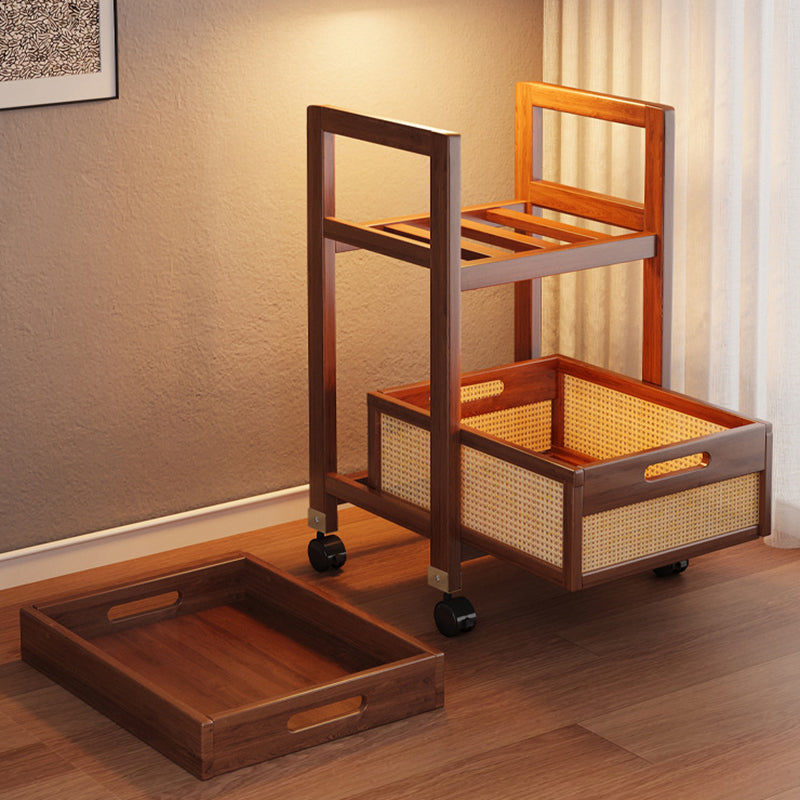 Traditional Chinese Rectangular Nan Bamboo MDF Plastic Rattan Weaving Movable End Table 2-Tier For Living Room